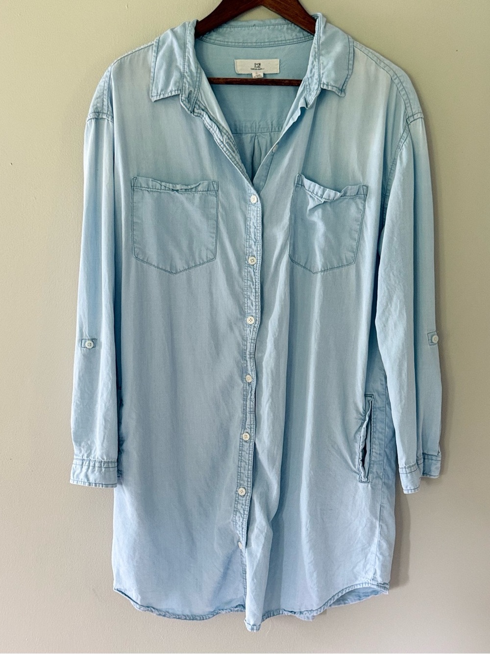 Thread & Supply Chambray Lyocell Shirt Dress Light Blue Roll Tab Sleeve M